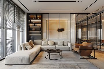 Beautiful modern interior of the office, glass walls and soft beige sofas, black metal shelf with decorations, white walls, large painting on wall, wooden floor, glass window with blinds, daylight, natural light, wide angle shot, 24mm f/8